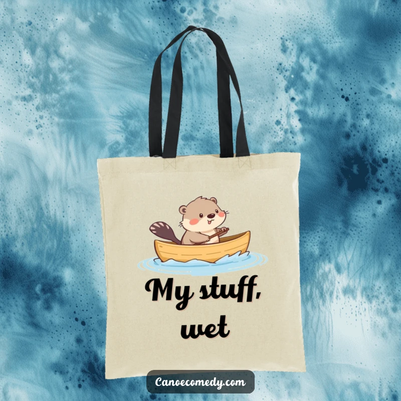 Funny tote bag featuring a playful kawaii muskrat in a canoe, splashing water, perfect for humorous, practical everyday use.
