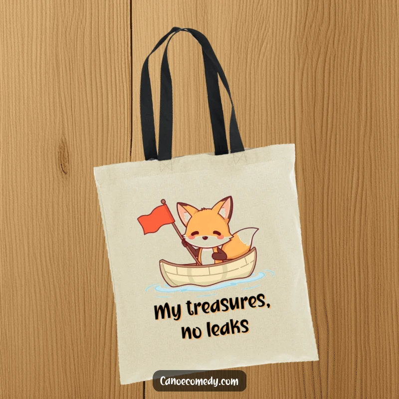 Funny fox tote bag featuring a fox in a small canoe waving a flag, great for carrying daily necessities with style.