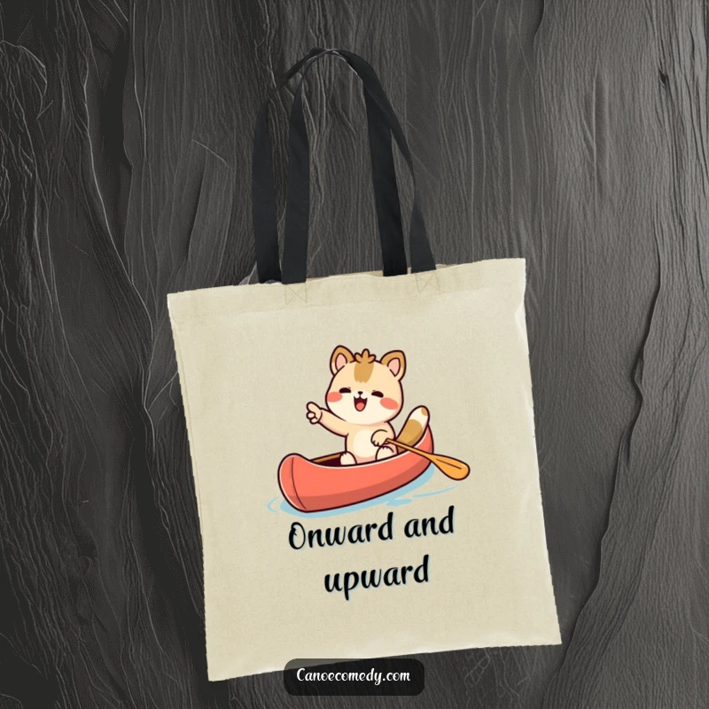 Funny Kawaii animal character excitedly pointing ahead from a canoe on a practical tote bag, for travel.