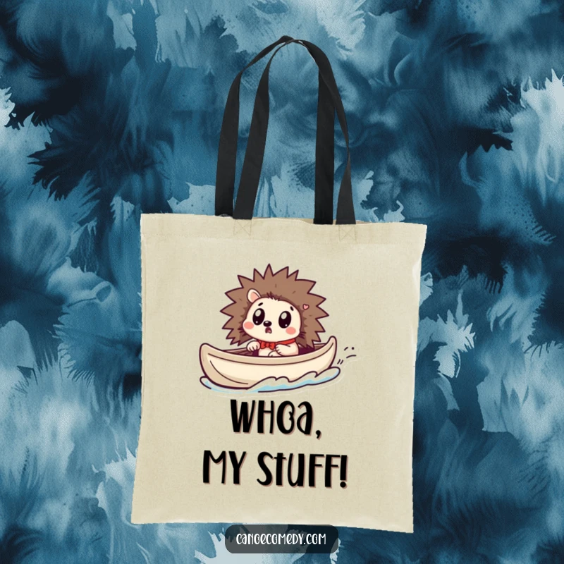 Funny Kawaii hedgehog tote bag showing a surprised hedgehog in a canoe that is speeding up unexpectedly.